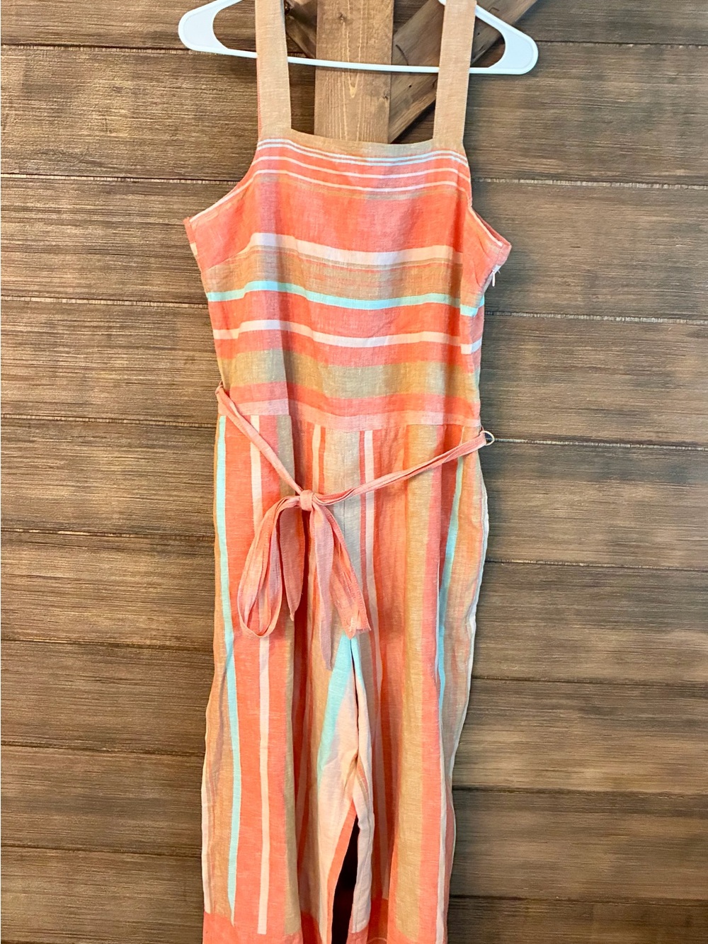 beachlunchlounge Coral, Aqua & Tan Striped Linen-Blend Jumpsuit with Tie Waist